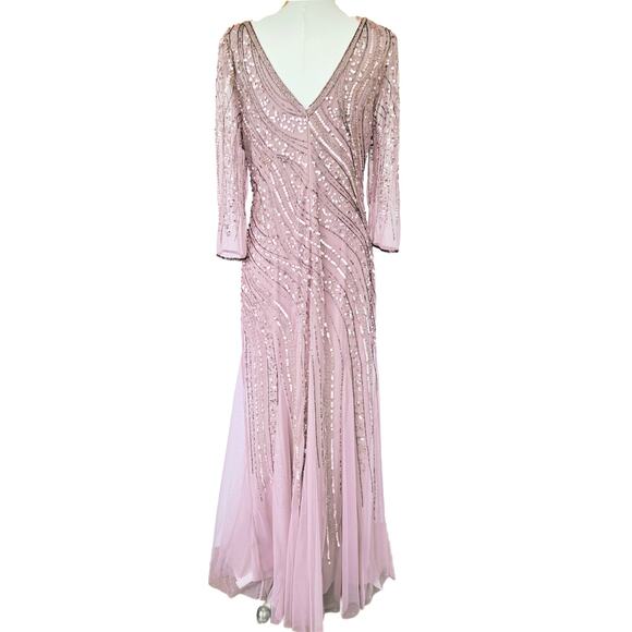 Adrianna Papell Beaded Tulle Maxi Dress 14 Dusted Petal Pink Formal Gown 3/4 Slv - Picture 4 of 13